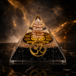 Orgonitová turmalínová OHM pyramida s křišťálem (7x7x6 cm)